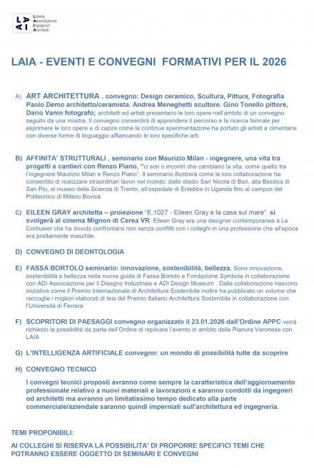 LAIA - programma  eventi e convegni formativi 2026 - LAIA
